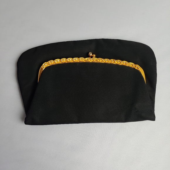 Vtg Harry Levine Black Satin Evening Clutch HL 24K Gold Plated Rhinestones Folds - Picture 16 of 16